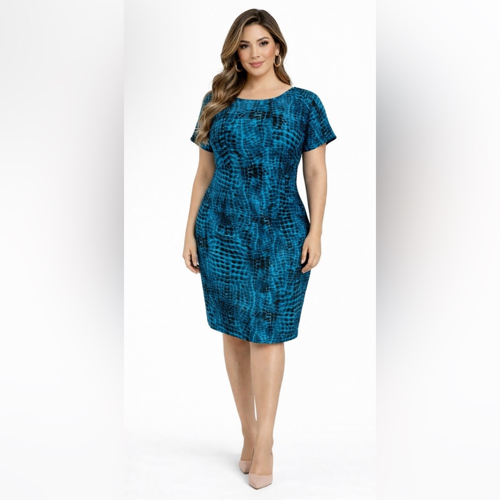 Calvin Klein Shift Dress 14 Blue Black Faux Silk Short Sleeve Career Church